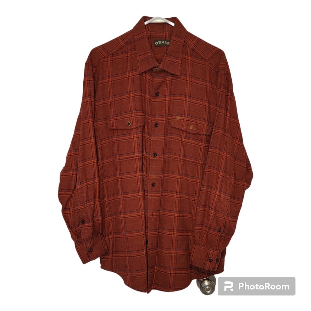 Men's Orvis Perfect Flannel Shirt Orange Plaid - L